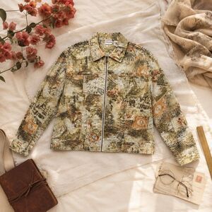 Chicos Linen Blend Travel Print Jacket Zip Up Art Jacket Paris Postcard Large